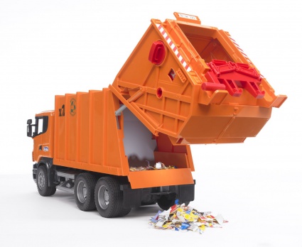 Игрушка мусоровоз Scania R-Series мусоросборщик оранж.Bruder    