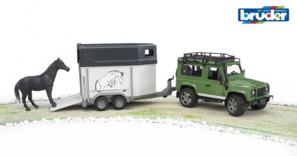 Bruder джип Land Rover Defender с прицепом для лошадей+лошадь  